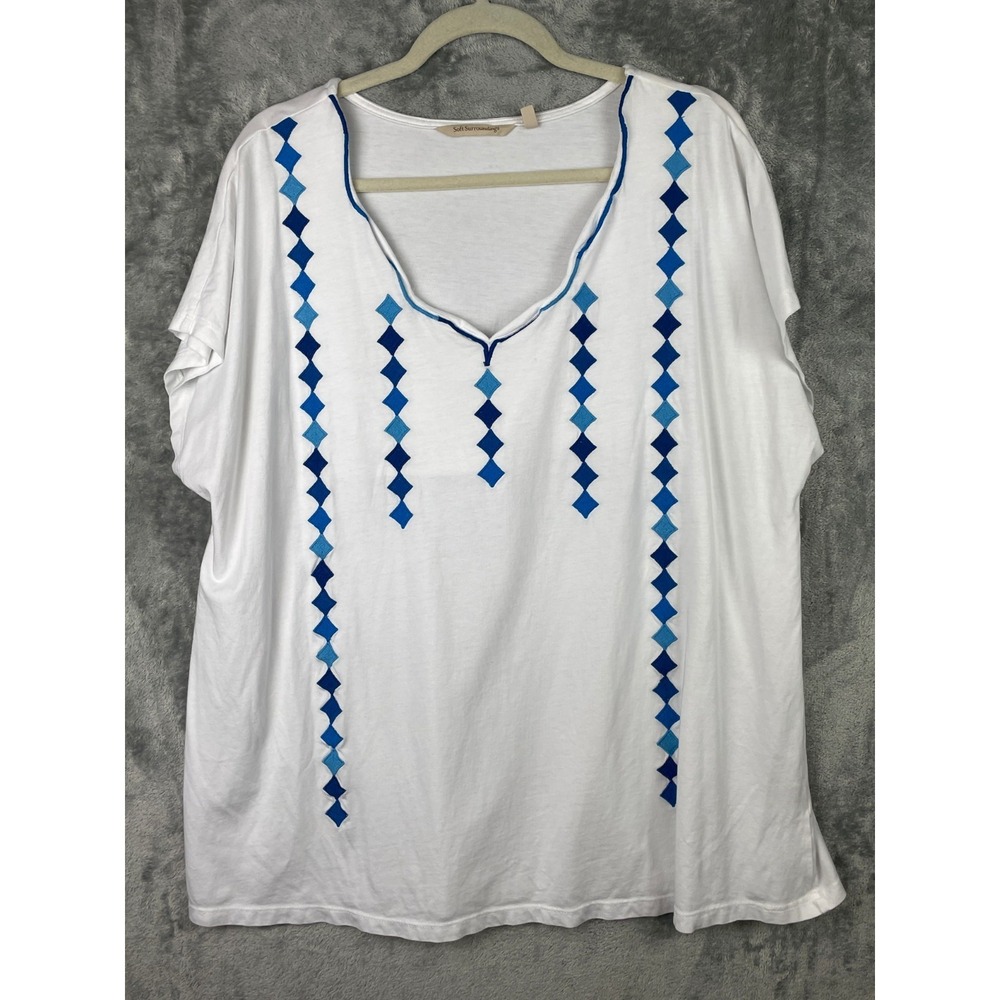 Soft Surroundings Embroidered Top Size 1X White Tunic V-Neck Short Sleeves Boho